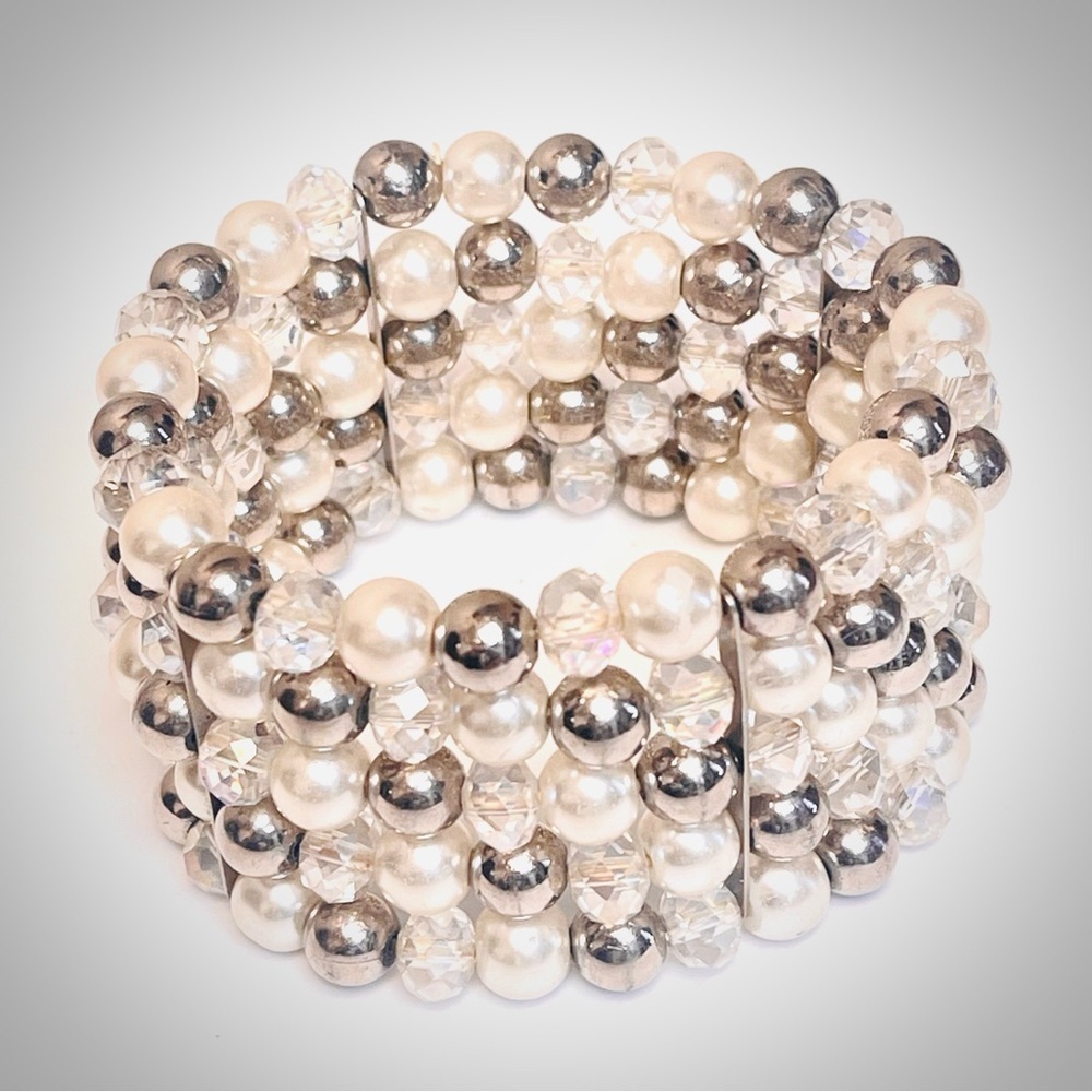 Glass Pearl Bead Stretch Layered Bling Bracelet - Picture 4 of 5